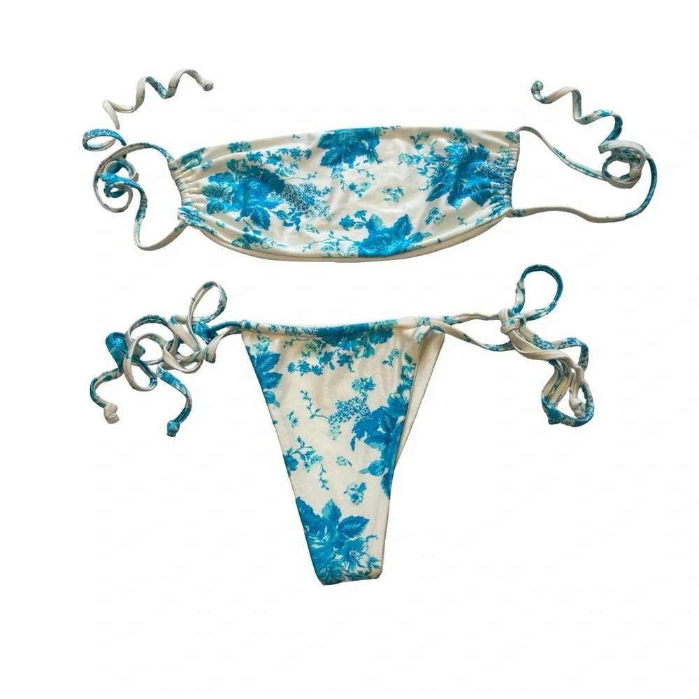 Frankie’s Bikini Kailyn Bandeau/Tia String Bikini Bottom English Tea Rose, Sz M